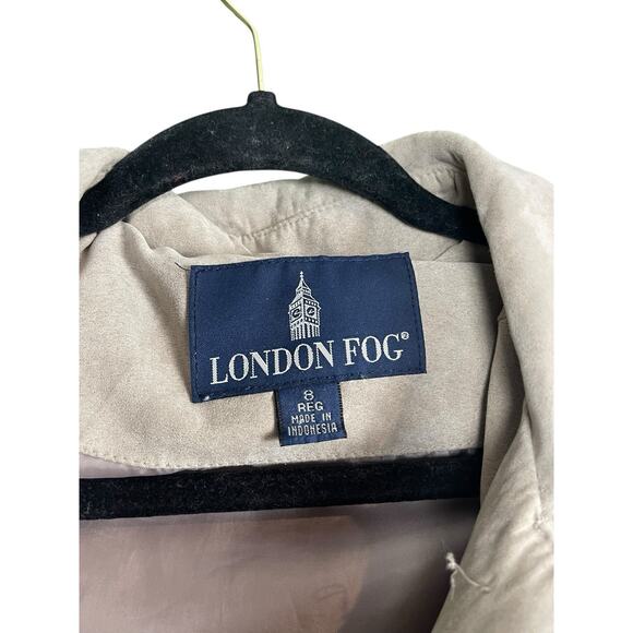 Vintage 90s London Fog Faux Suede Tan Trench Coat Size 8 Button Down w/Hood - Picture 12 of 15
